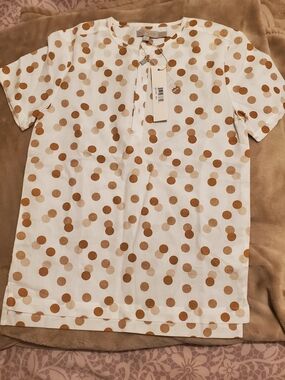 White Short Sleeve Top with Brown Polka Dots